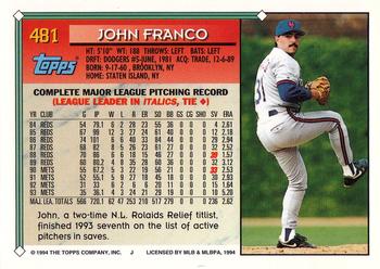 1994 Topps - Gold #481 John Franco Back