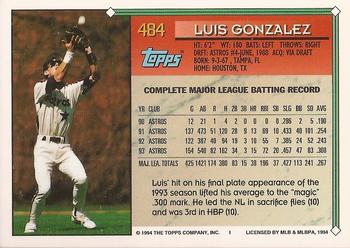 1994 Topps - Gold #484 Luis Gonzalez Back