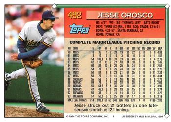 1994 Topps - Gold #492 Jesse Orosco Back