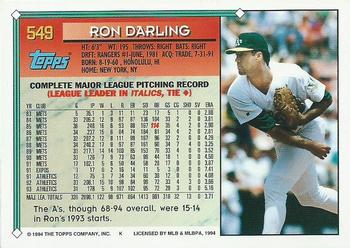 1994 Topps - Gold #549 Ron Darling Back