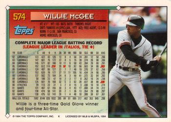 1994 Topps - Gold #574 Willie McGee Back