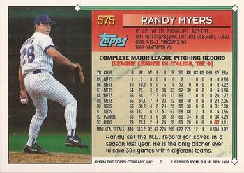 1994 Topps - Gold #575 Randy Myers Back