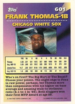 1994 Topps - Gold #601 Frank Thomas Back