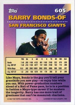 1994 Topps - Gold #605 Barry Bonds Back