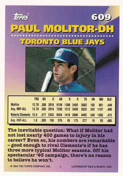 1994 Topps - Gold #609 Paul Molitor Back