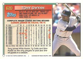 1994 Topps - Gold #620 Tony Gwynn Back