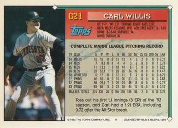 1994 Topps - Gold #621 Carl Willis Back