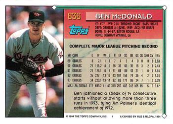 1994 Topps - Gold #636 Ben McDonald Back