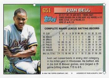 1994 Topps - Gold #651 Juan Bell Back