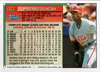 1994 Topps - Gold #663 Mariano Duncan Back