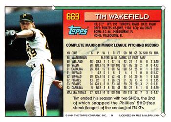 1994 Topps - Gold #669 Tim Wakefield Back