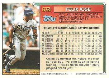 1994 Topps - Gold #672 Felix Jose Back