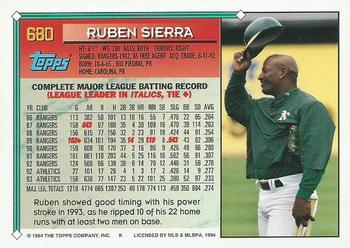 1994 Topps - Gold #680 Ruben Sierra Back