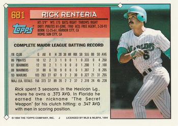 1994 Topps - Gold #681 Rick Renteria Back