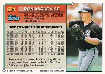 1994 Topps - Gold #684 Ron Karkovice Back