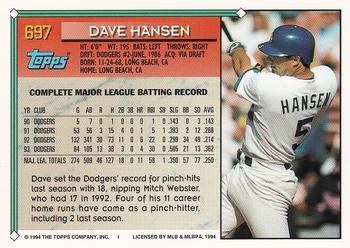 1994 Topps - Gold #697 Dave Hansen Back