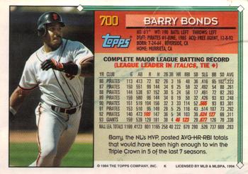 1994 Topps - Gold #700 Barry Bonds Back
