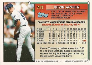 1994 Topps - Gold #701 Kevin Appier Back