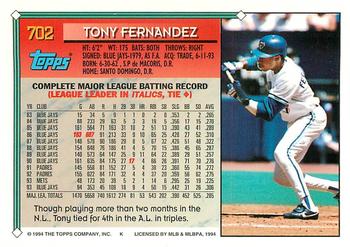 1994 Topps - Gold #702 Tony Fernandez Back