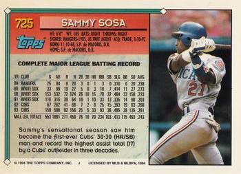 1994 Topps - Gold #725 Sammy Sosa Back
