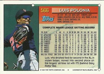 1994 Topps - Gold #566 Luis Polonia Back