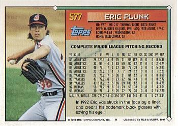 1994 Topps - Gold #577 Eric Plunk Back