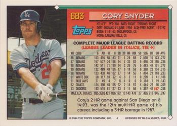 1994 Topps - Gold #683 Cory Snyder Back
