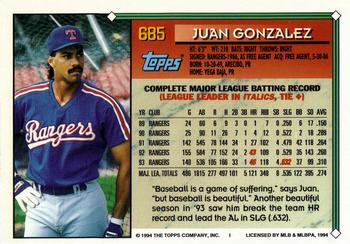 1994 Topps - Gold #685 Juan Gonzalez Back