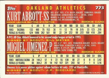 1994 Topps - Gold #773 Kurt Abbott / Miguel Jimenez Back
