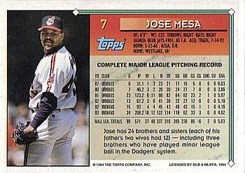 1994 Topps - Gold #7 Jose Mesa Back