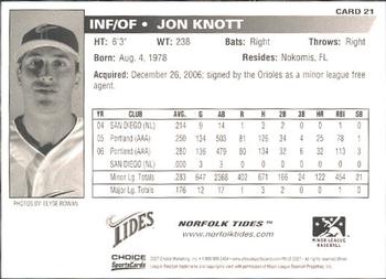 2007 Choice Norfolk Tides #21 Jon Knott Back