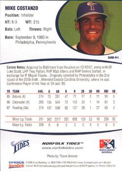 2008 Choice Norfolk Tides #11 Mike Costanzo Back