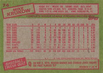 1985 Topps #74 Mike Krukow Back