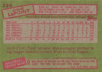 1985 Topps #229 Dave LaPoint Back