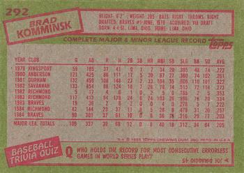 1985 Topps #292 Brad Komminsk Back