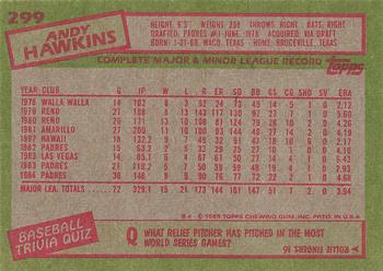 1985 Topps #299 Andy Hawkins Back