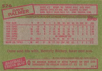 1985 Topps #526 Dave Palmer Back