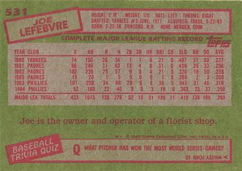1985 Topps #531 Joe Lefebvre Back