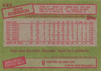 1985 Topps #537 Don Robinson Back