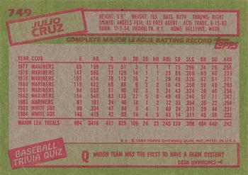 1985 Topps #749 Julio Cruz Back