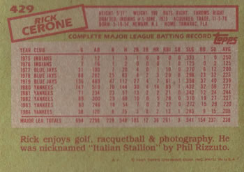 1985 Topps #429 Rick Cerone Back