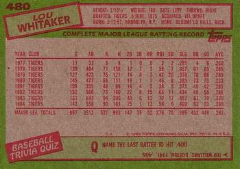 1985 Topps #480 Lou Whitaker Back