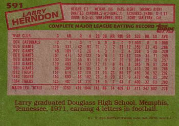 1985 Topps #591 Larry Herndon Back