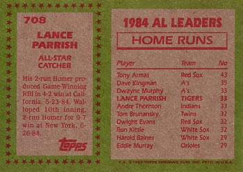 1985 Topps #708 Lance Parrish Back