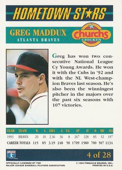 1994 Pinnacle Church's Hometown Stars #4 Greg Maddux Back