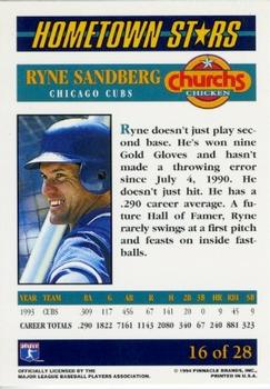 1994 Pinnacle Church's Hometown Stars - Gold #16 Ryne Sandberg Back