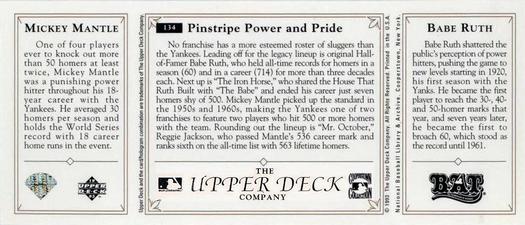 1993 Upper Deck All-Time Heroes #134 Babe Ruth / Mickey Mantle Back