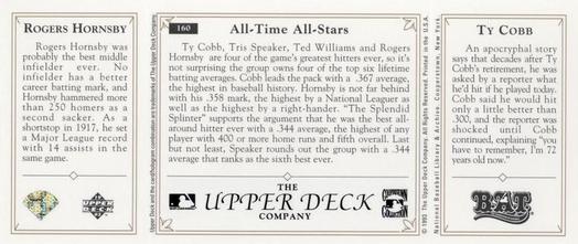 1993 Upper Deck All-Time Heroes #160 Ty Cobb / Rogers Hornsby Back