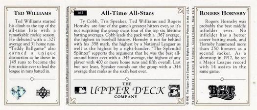 1993 Upper Deck All-Time Heroes #162 Rogers Hornsby / Ted Williams / Tris Speaker / Ty Cobb Back