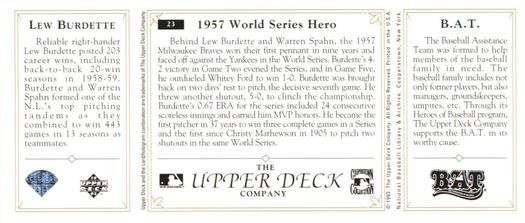1993 Upper Deck All-Time Heroes #23 Lew Burdette Back